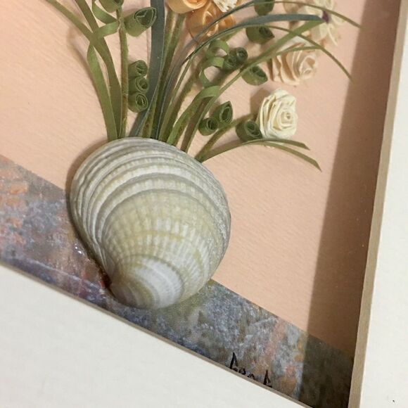Quill Art Set Artist Signed Floral Shell Motif in Shadow Box - Picture 13 of 16